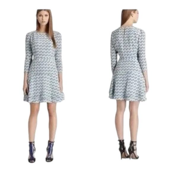 Reiss Giselle Watercolor Three-Quarter Sleeve Blue Geo Print Silk Dress Size 4 - Picture 1 of 15